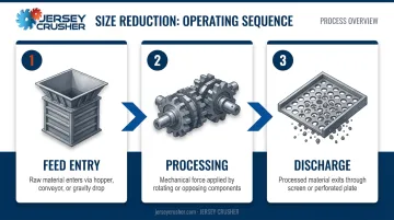 Three-stage size reduction equipment process flow from feed entry to discharge