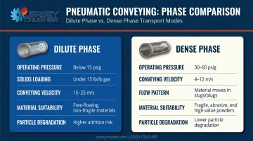 Dilute phase versus dense phase pneumatic conveying comparison infographic