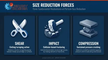 Three particle size reduction forces shear impact compression comparison infographic