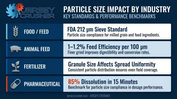 Four-industry particle size impact comparison table food pharma fertilizer feed