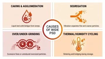 Four root causes of wide particle size distribution in bulk material processing infographic
