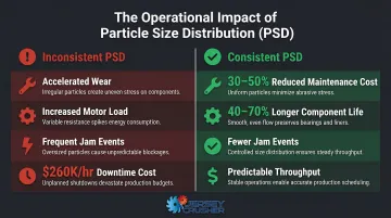 Inconsistent particle size impact on equipment wear cost and maintenance frequency