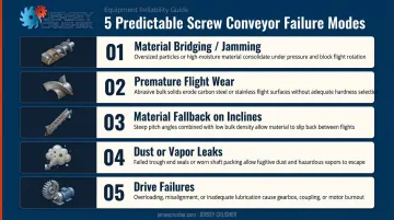 5 screw conveyor failure modes caused by generic design mismatch infographic