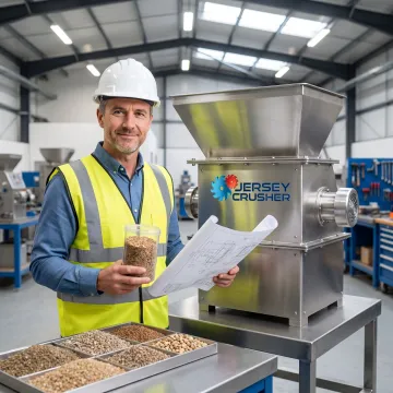 Engineer reviewing custom crusher design and material samples