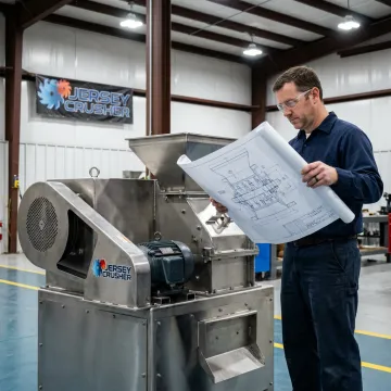 Engineer reviewing industrial crusher design drawings