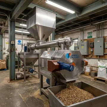 Animal feed processing equipment in a production facility