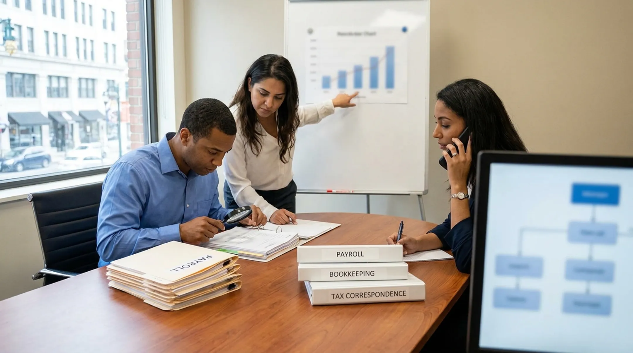 Tax resolution professionals organizing payroll records for IRS compliance