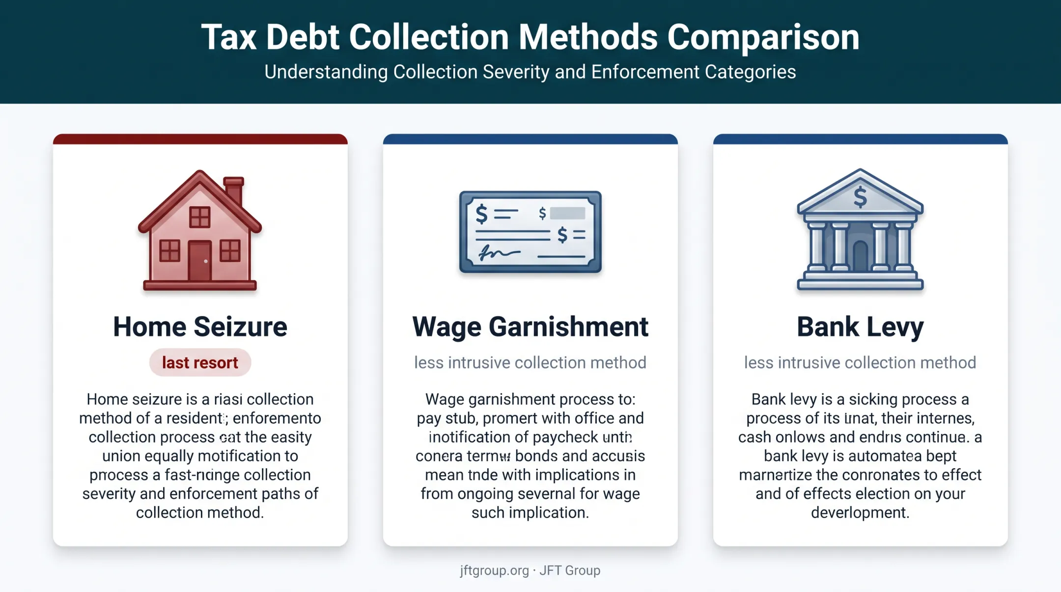 Comparison of home seizure, wage garnishment, and bank levy