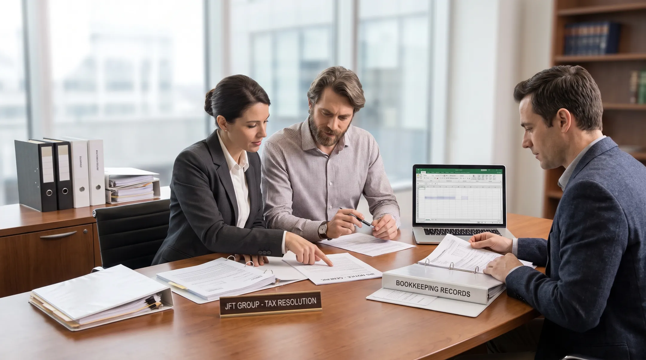 Tax professionals reviewing IRS notices and bookkeeping records with business owner