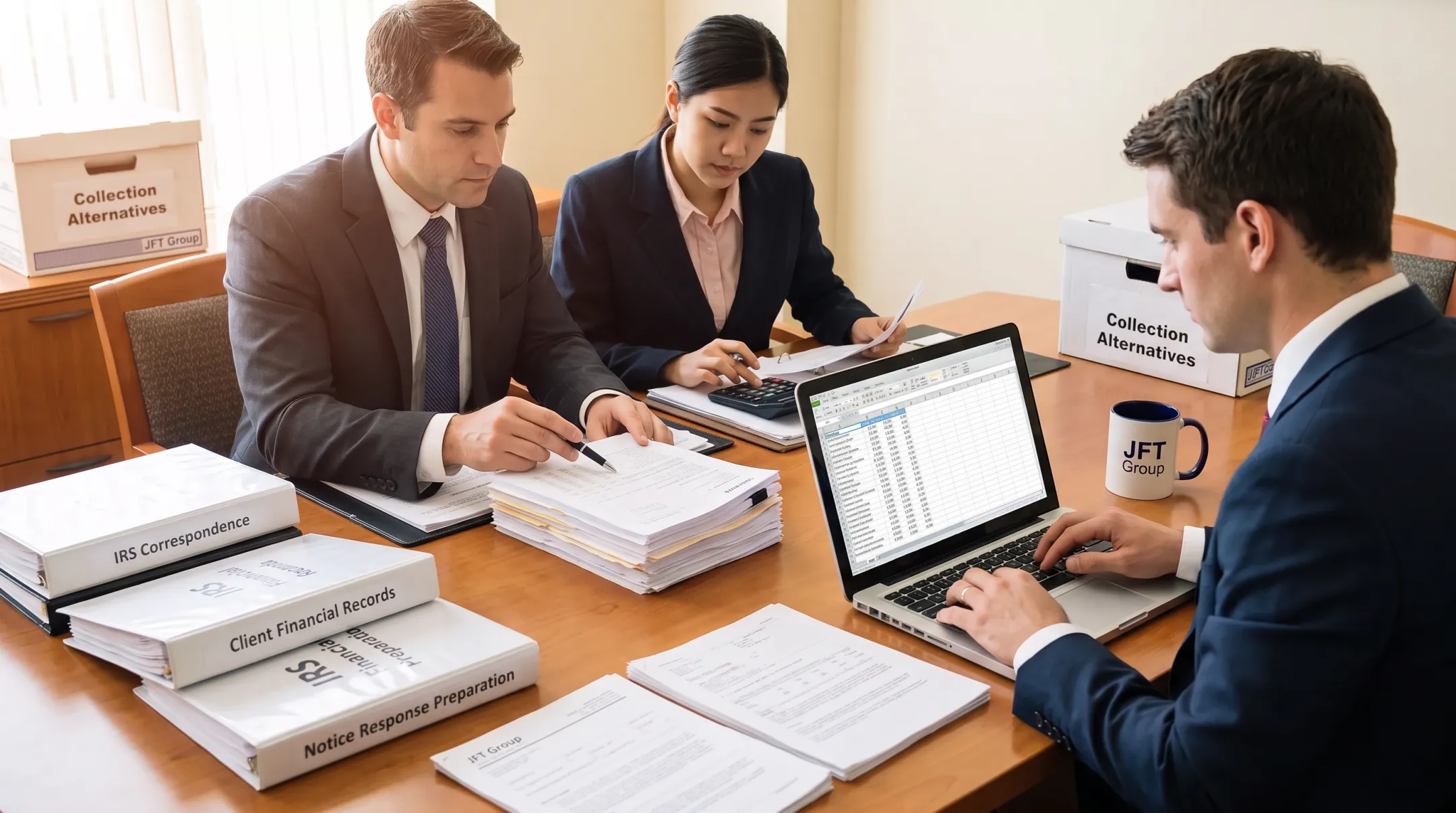 Tax resolution team organizing client records for IRS levy alternatives
