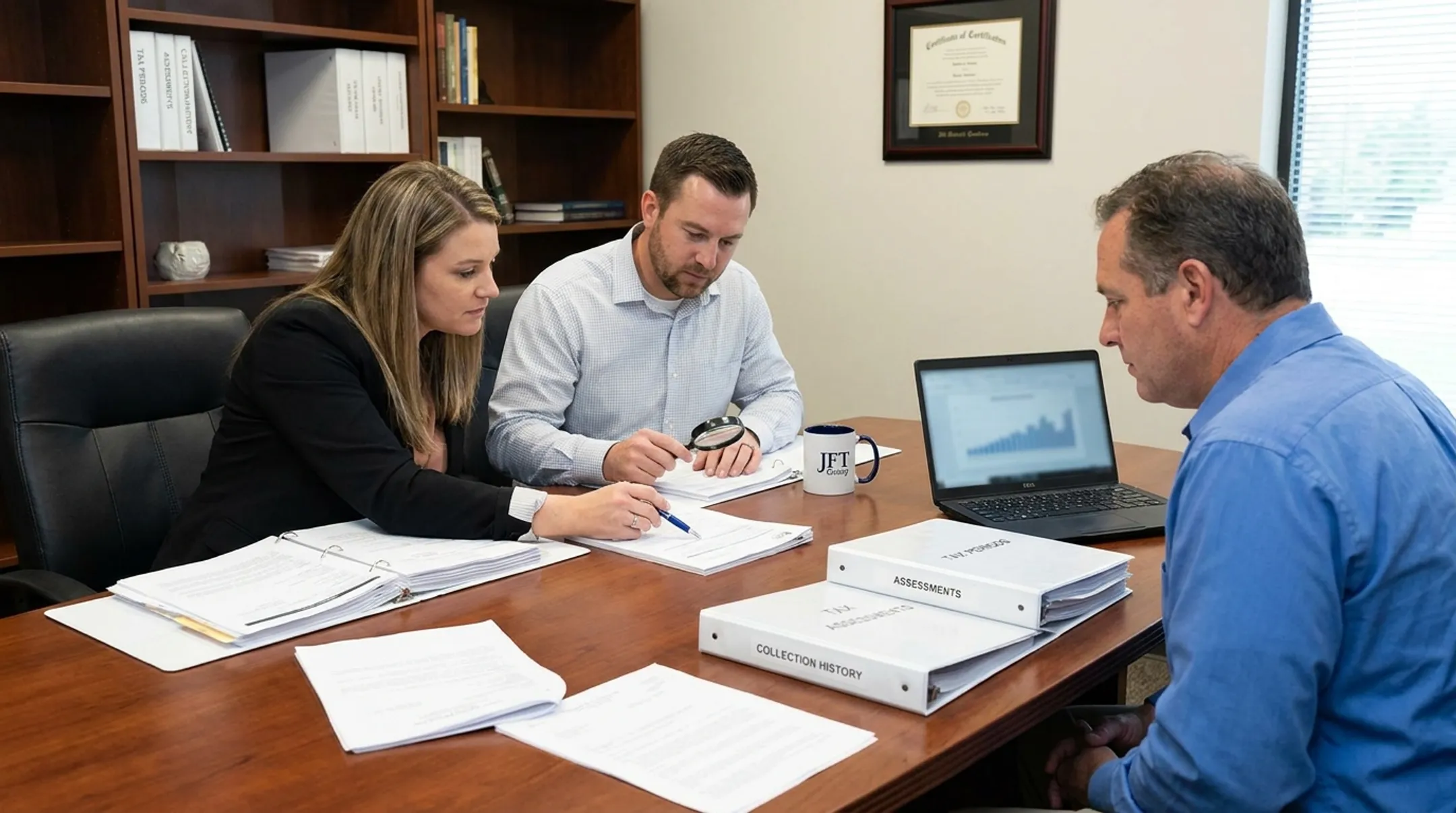 JFT Group tax professionals reviewing IRS records and financial documents
