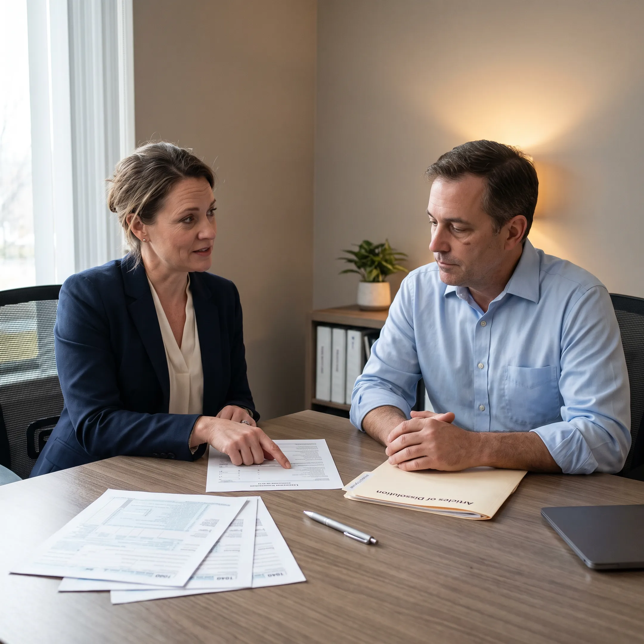 Advisor reviewing business closure documents with a business owner