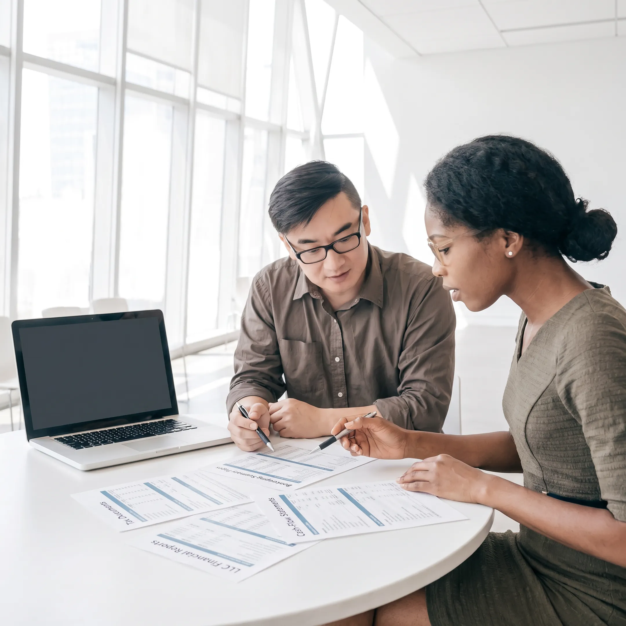 Advisor explaining LLC financial reports to a business owner