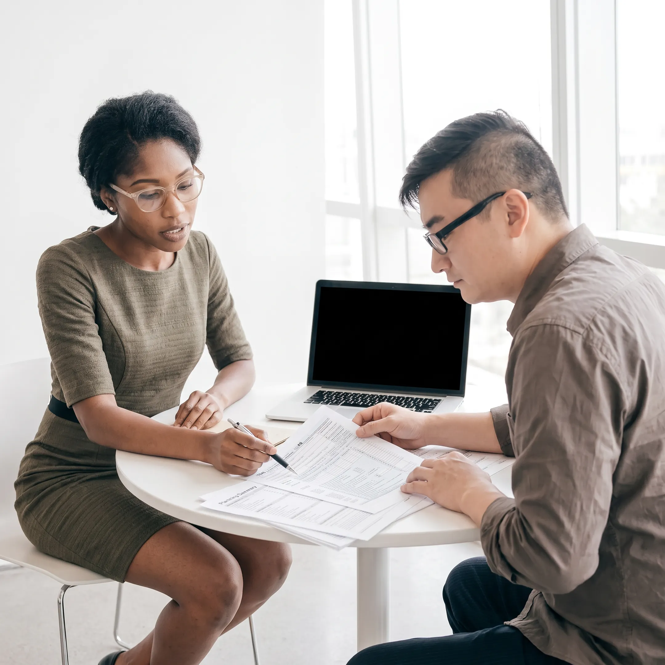 Advisor explaining tax planning documents to a business owner