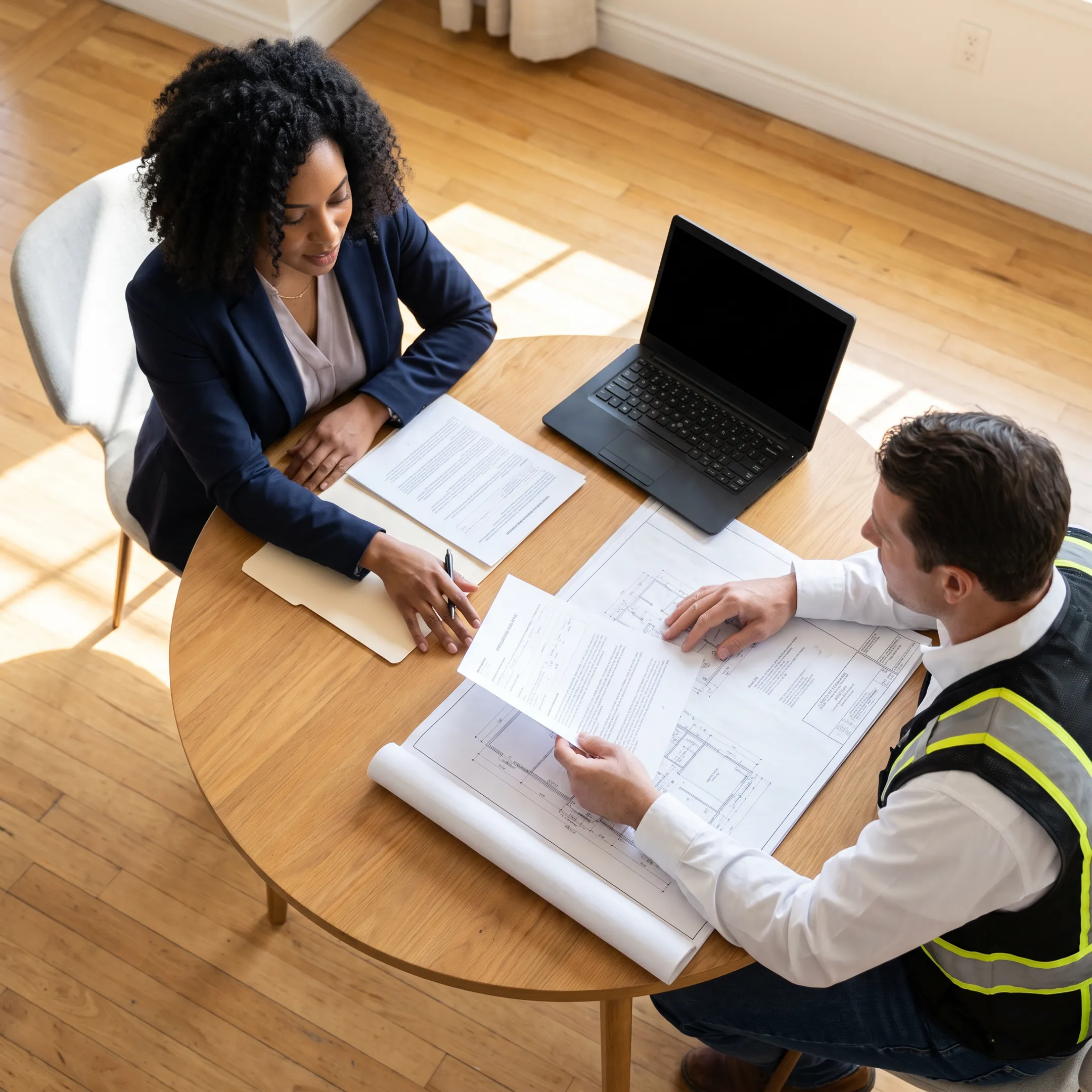 Construction contractor meeting with a financial advisor about company formation