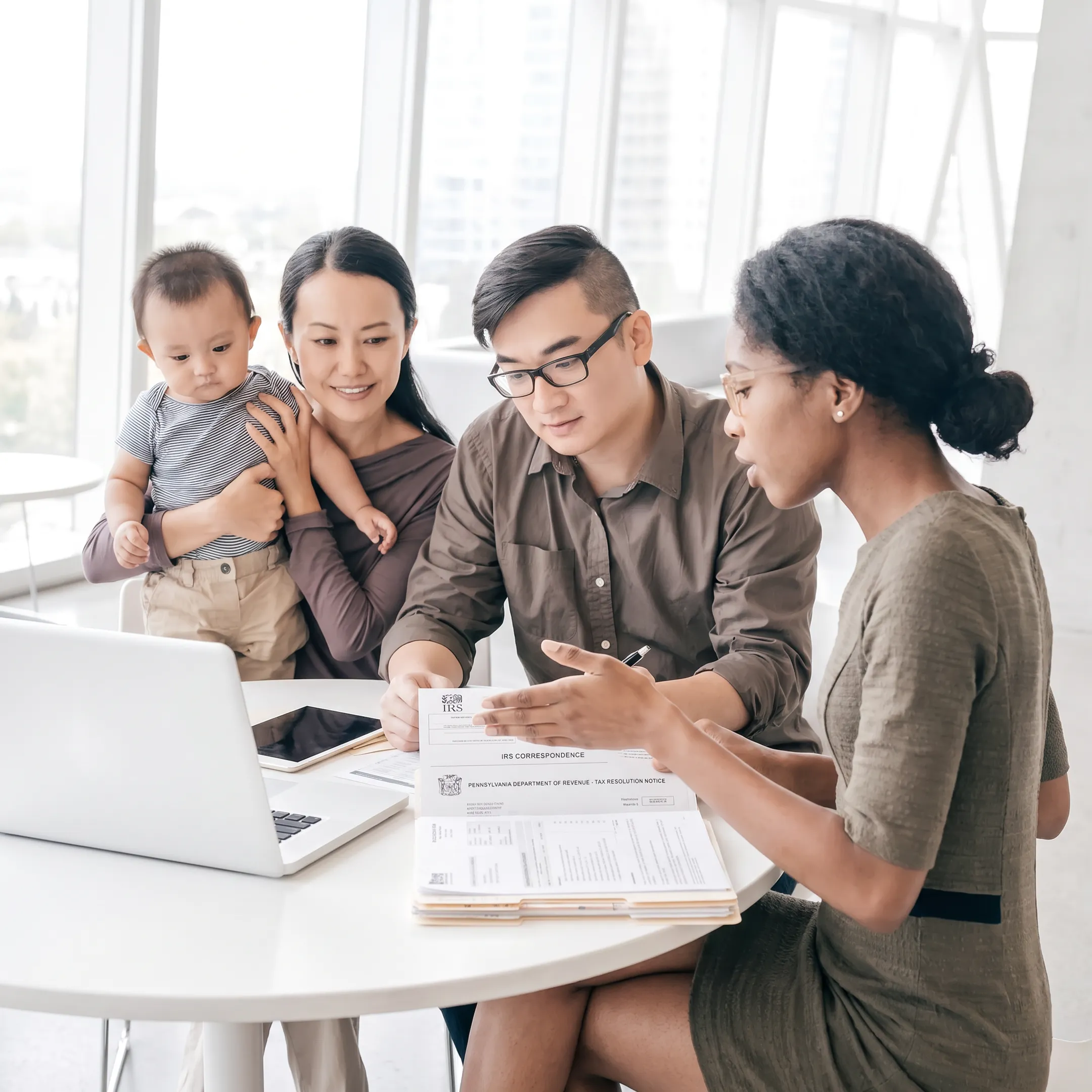 Advisor explaining tax resolution documents to a client