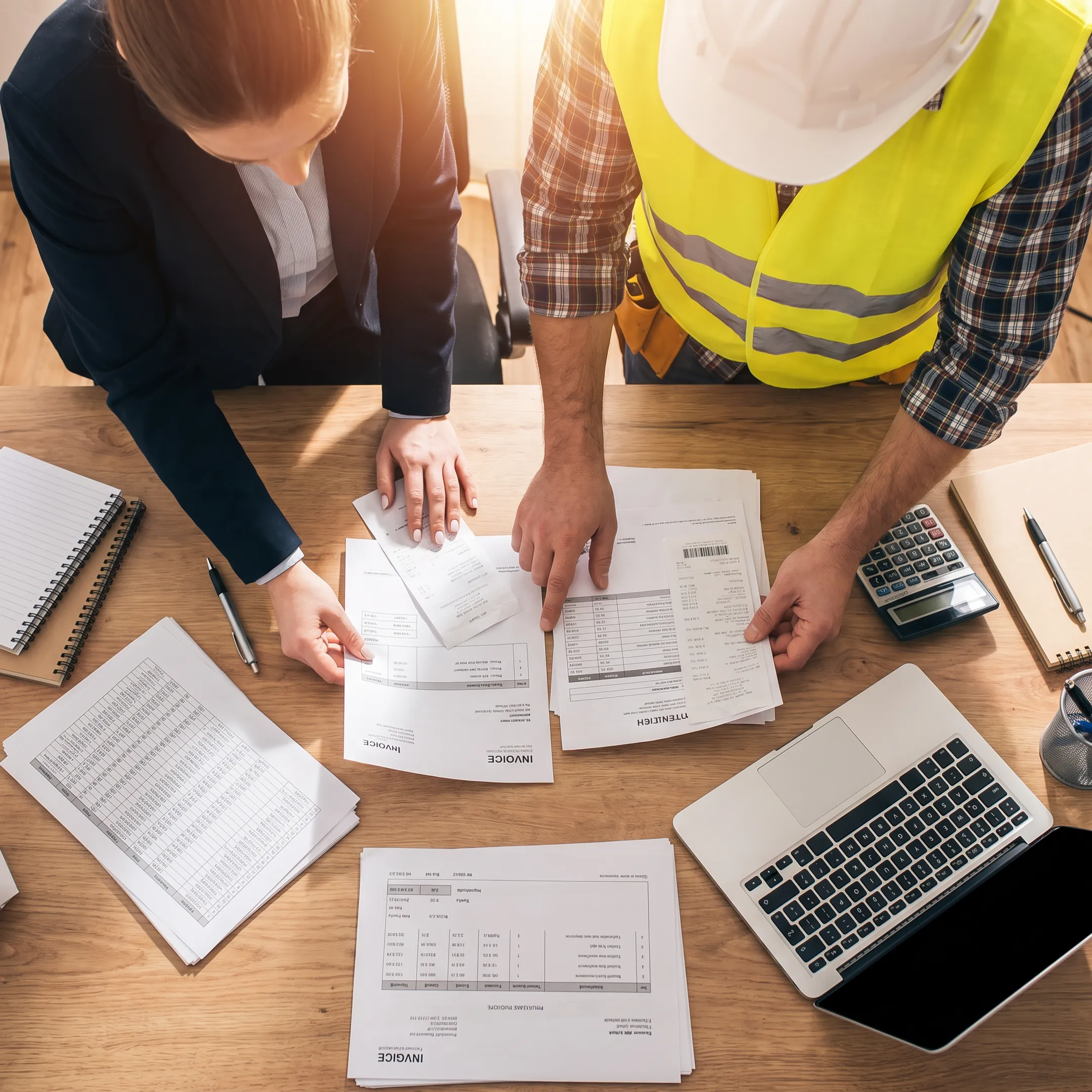 Accountant reviewing construction project costs and financial records with contractor