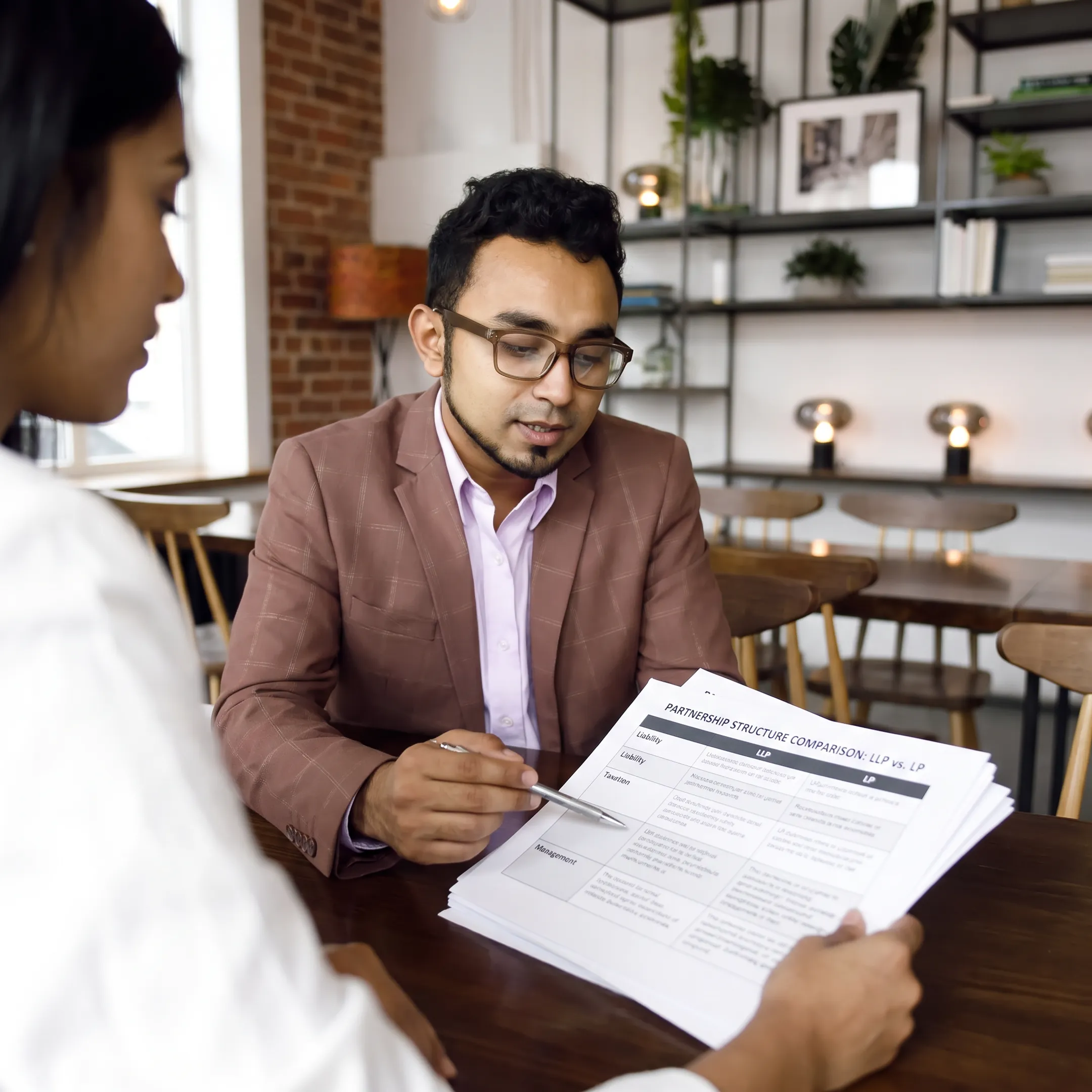 Business advisor explaining partnership structure options to entrepreneurs