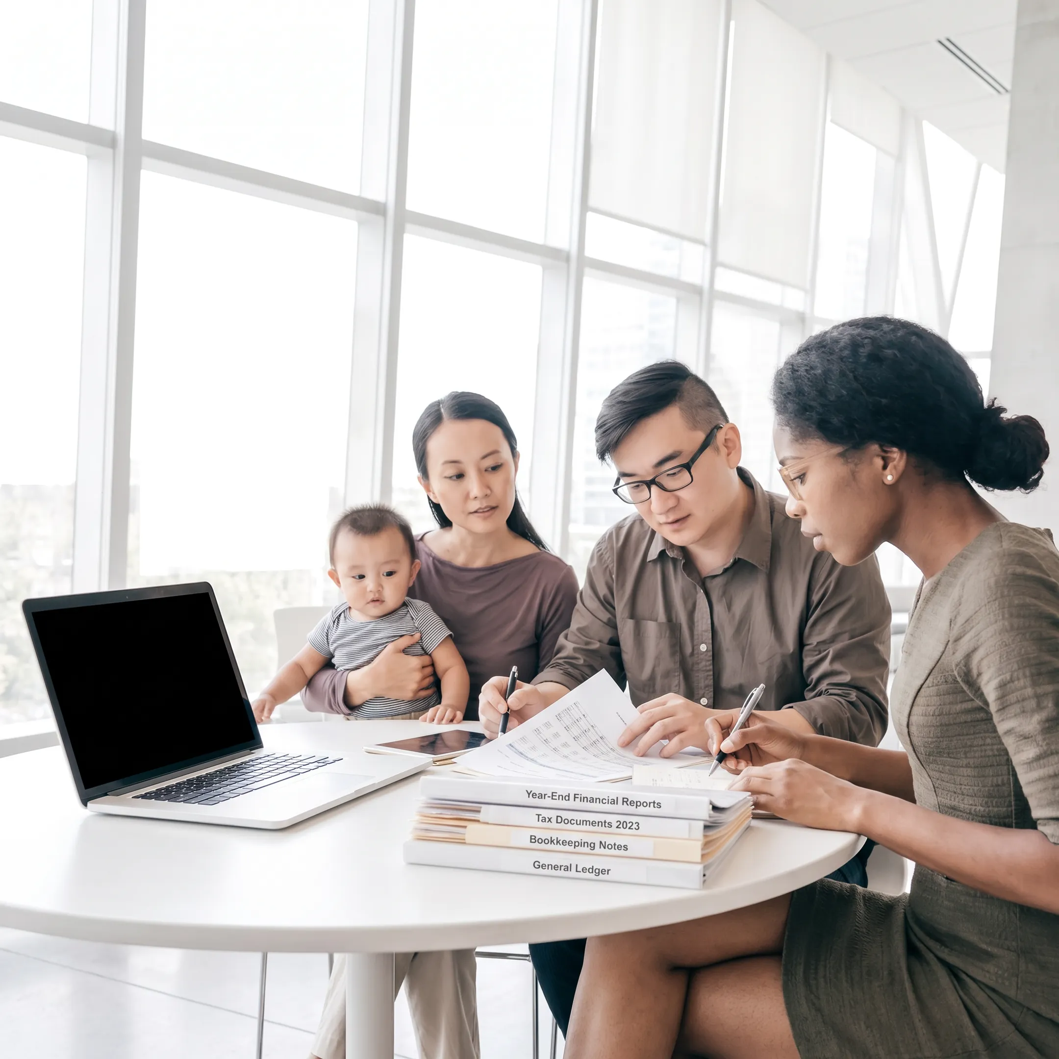 Financial advisor organizing year-end accounting records with a business owner