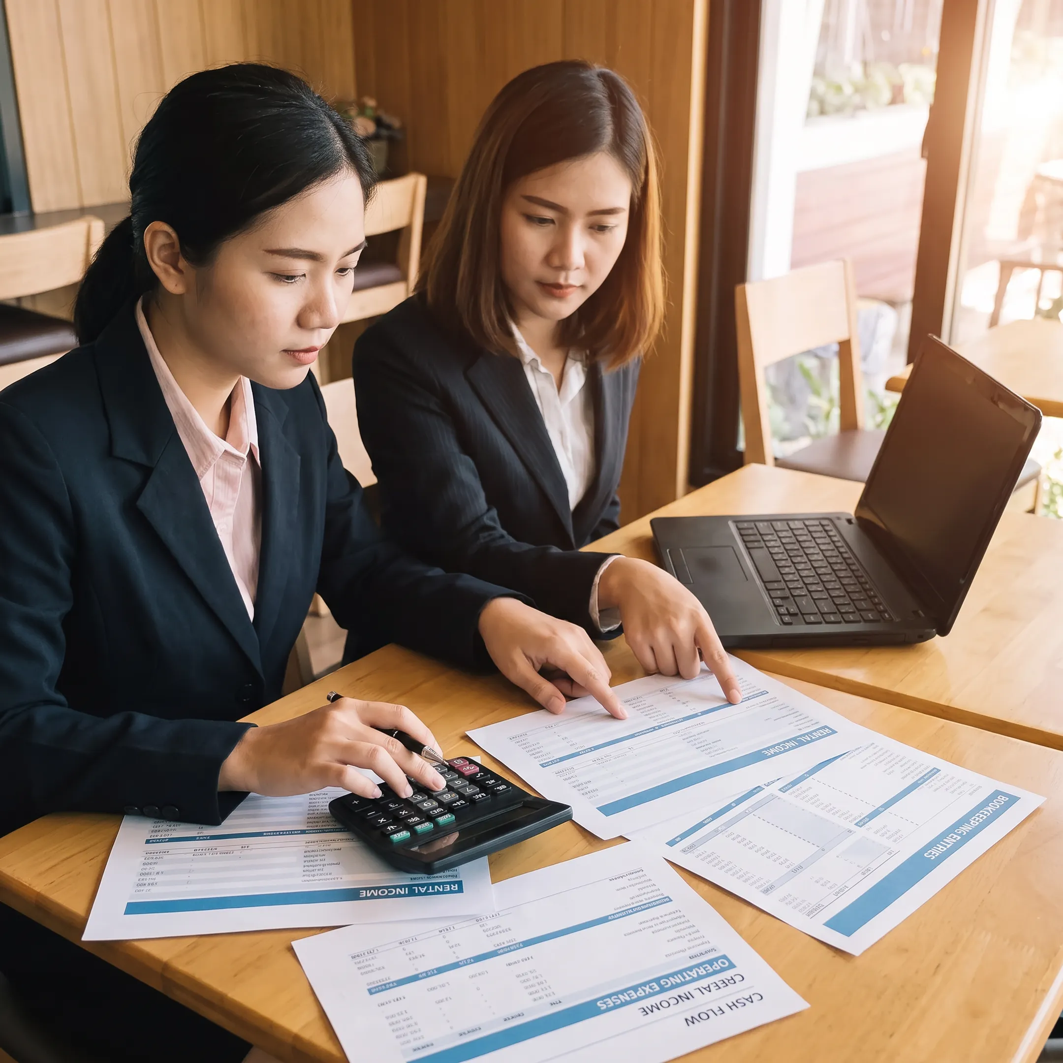 Property manager reviewing organized accounting reports with an accountant