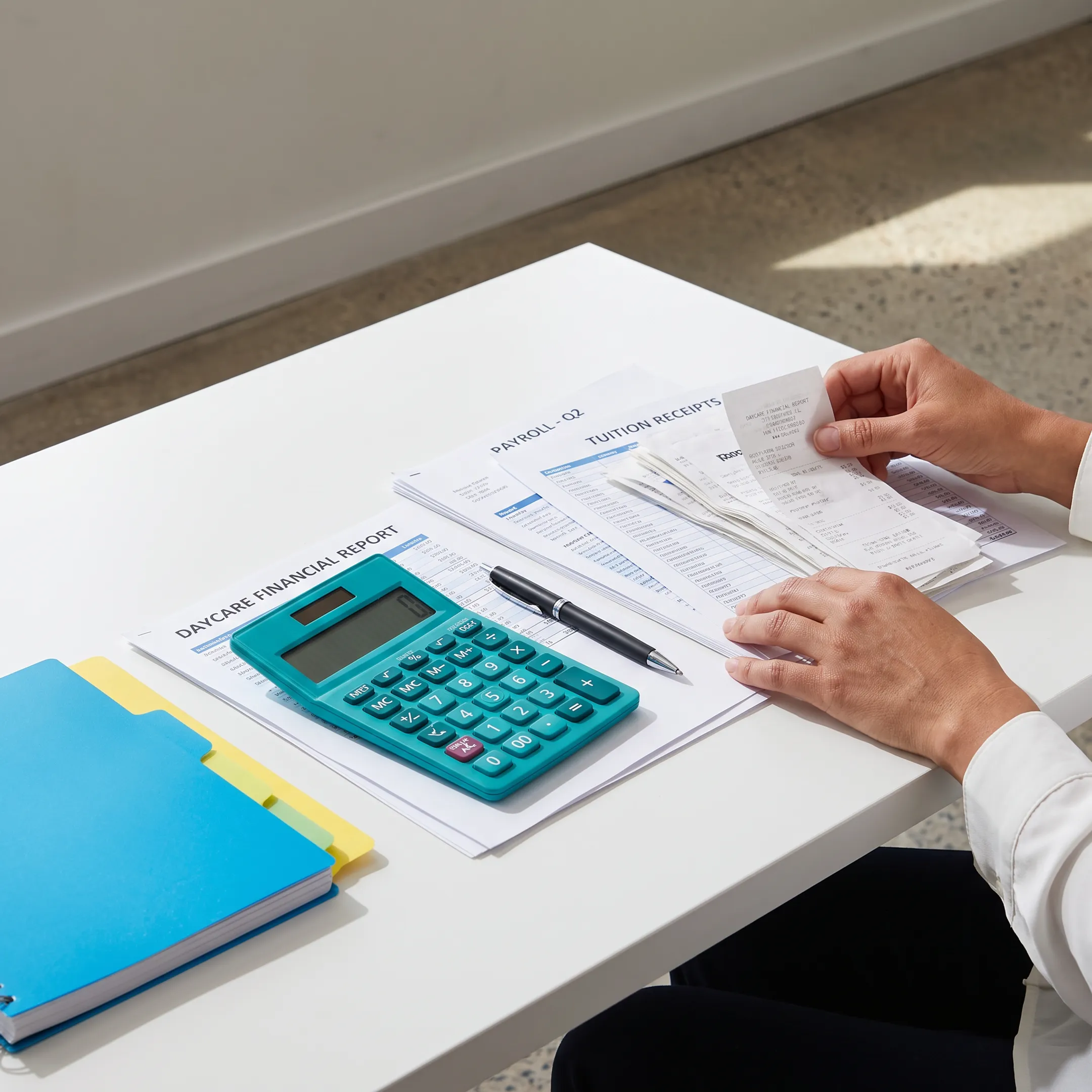 Financial professional organizing daycare bookkeeping reports