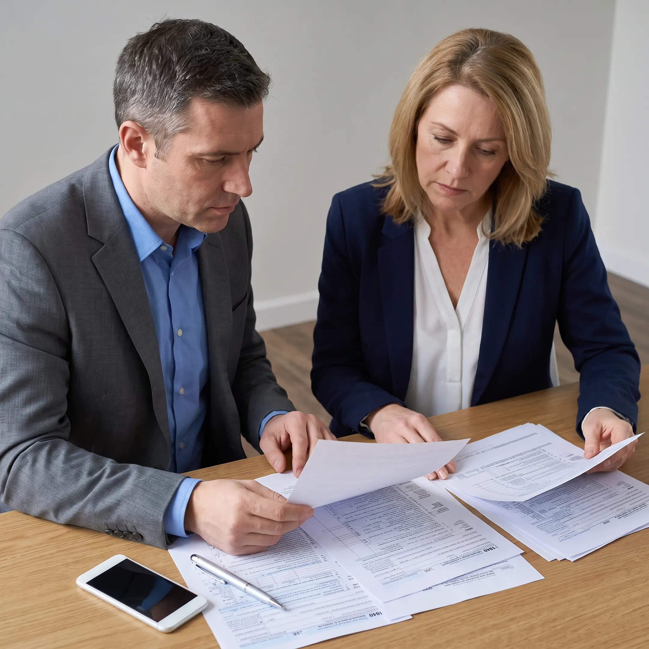 Tax professional reviewing state tax documents with a concerned client