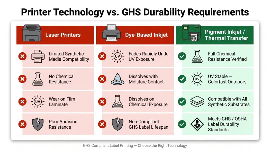 Comparison of laser inkjet and thermal transfer printers for GHS chemical label durability