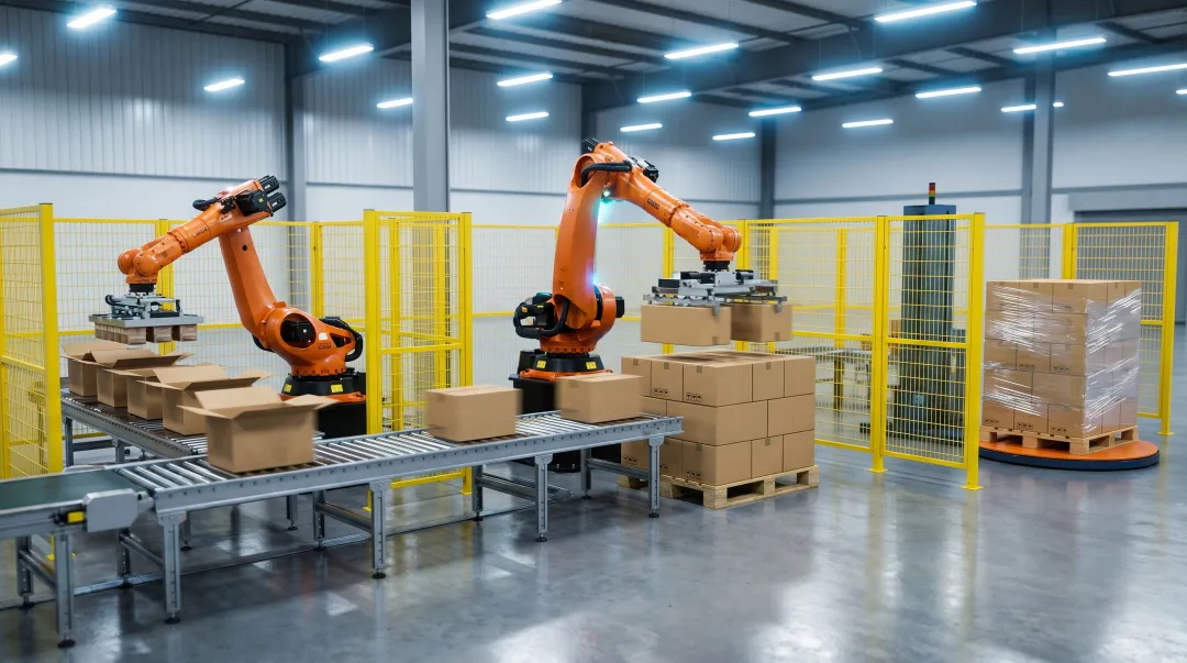 Automated agrochemical packaging line with robotic palletizer and stretch wrapper equipment