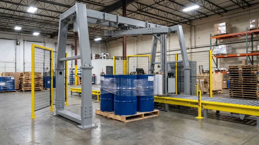 Rotary arm straddle pallet wrapper wrapping filled chemical drums on stationary pallet