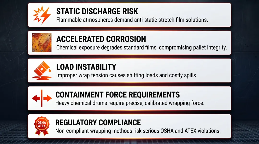 Five chemical plant pallet wrapping hazards infographic with icons and descriptions