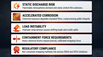 Five chemical plant pallet wrapping hazards infographic with icons and descriptions