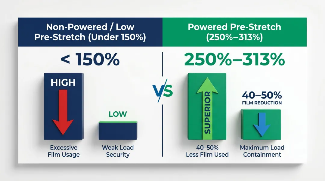 Powered pre-stretch containment force comparison showing film savings at 250 percent plus stretch