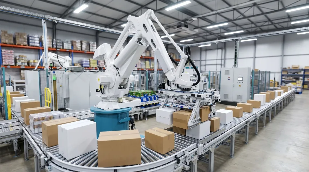 Robotic palletizer handling mixed product formats on industrial production line