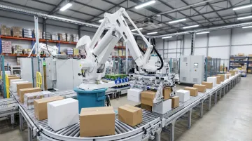 Robotic palletizer handling mixed product formats on industrial production line