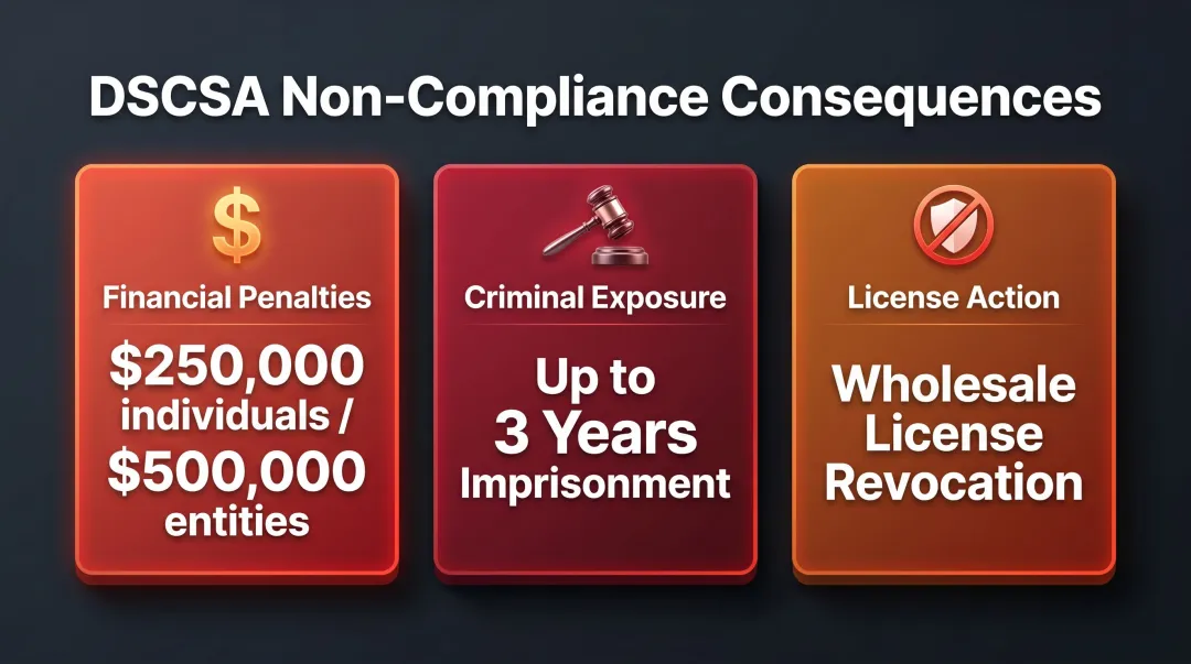DSCSA violation penalties infographic showing fines imprisonment and license consequences