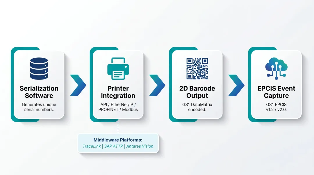 Pharmaceutical serialization software integration stack showing printer to EPCIS data flow