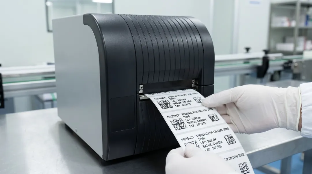 Zebra ZT411 thermal transfer label printer producing serialized pharmaceutical barcode labels