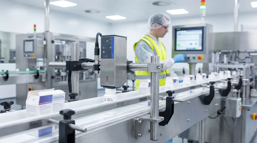 Markem-Imaje 9450 continuous inkjet printer on pharmaceutical packaging production line