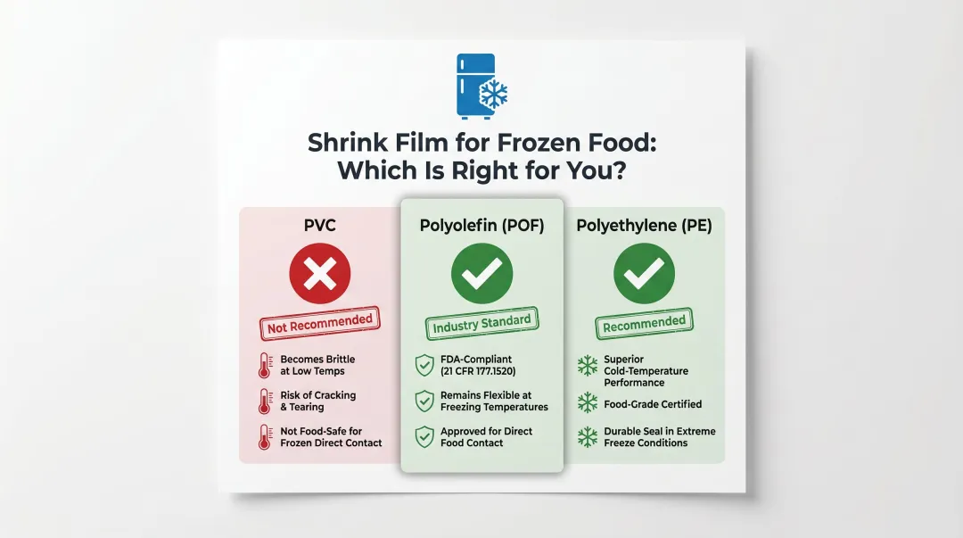 POF versus PVC versus PE shrink film comparison for frozen food packaging