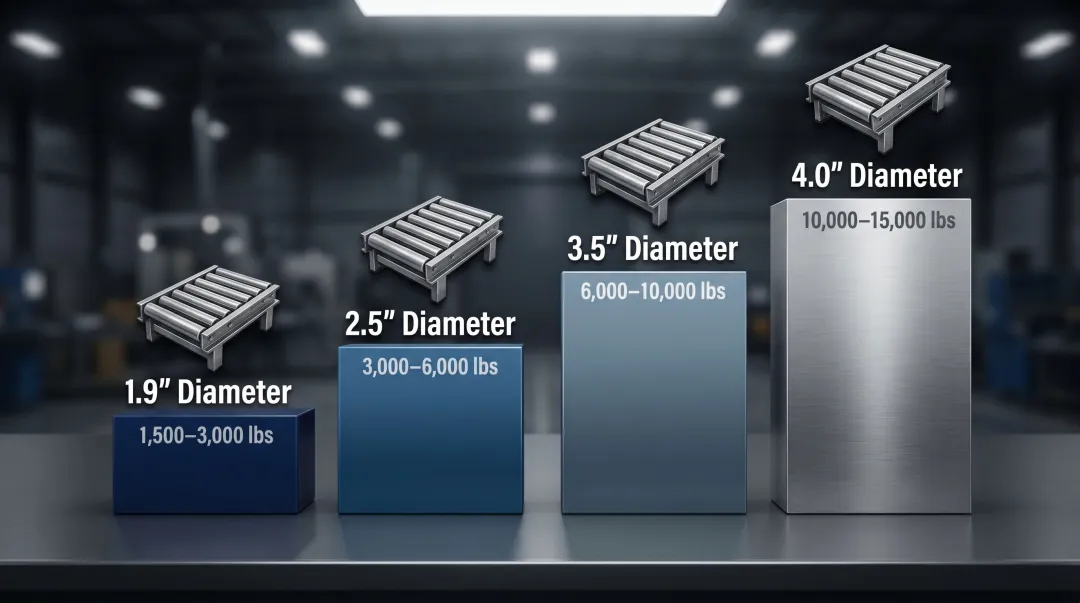Omni Metalcraft CDLR roller diameter load capacity comparison chart infographic