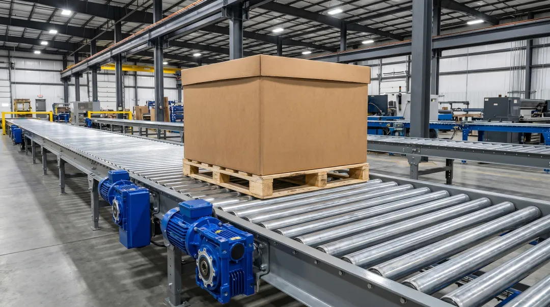 Industrial pallet conveyor roller system handling heavy loads in warehouse facility