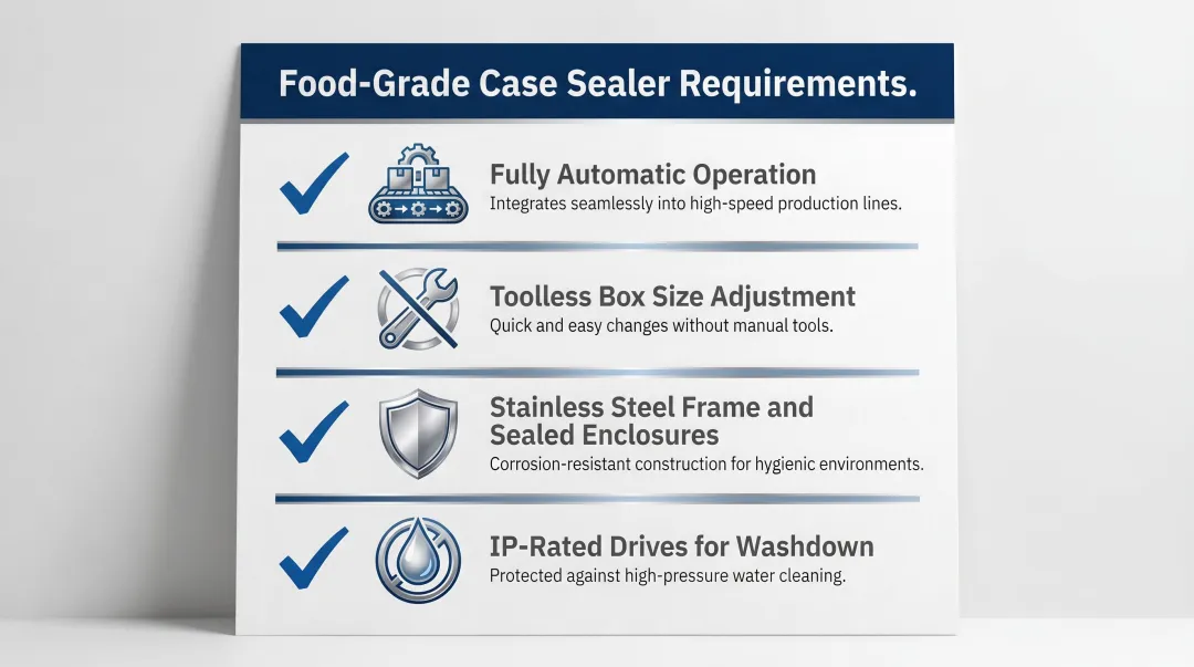 Four key food-grade case sealer features checklist infographic for manufacturers