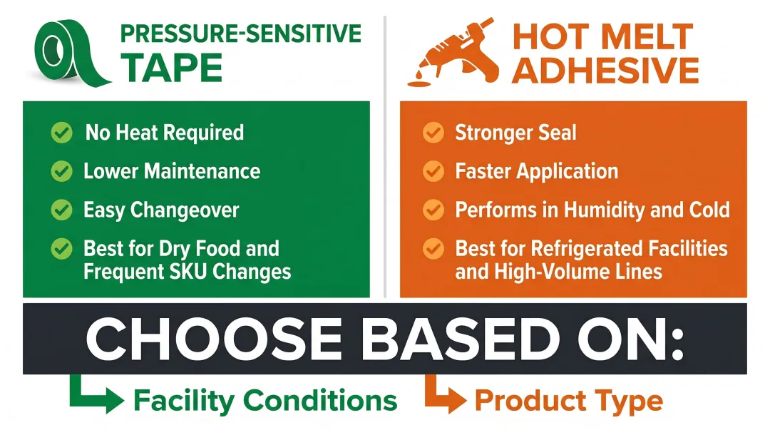 Tape versus hot melt case sealing method comparison infographic for food manufacturers