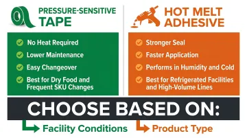 Tape versus hot melt case sealing method comparison infographic for food manufacturers