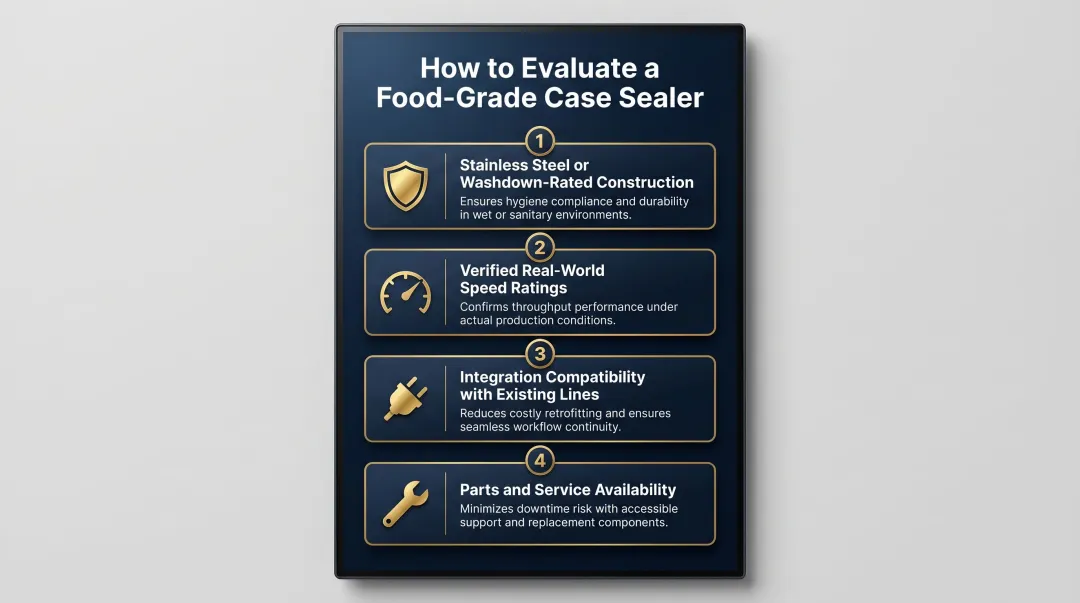 Four weighted criteria for selecting food-grade case sealer equipment infographic
