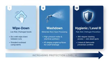 Three food-grade conveyor sanitation levels wipe-down washdown hygienic comparison infographic