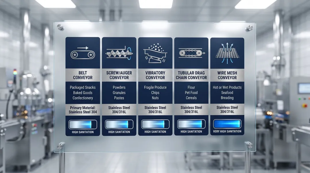 Five food processing conveyor types comparison chart with applications and sanitation ratings