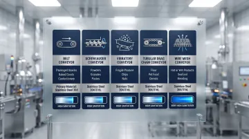 Five food processing conveyor types comparison chart with applications and sanitation ratings