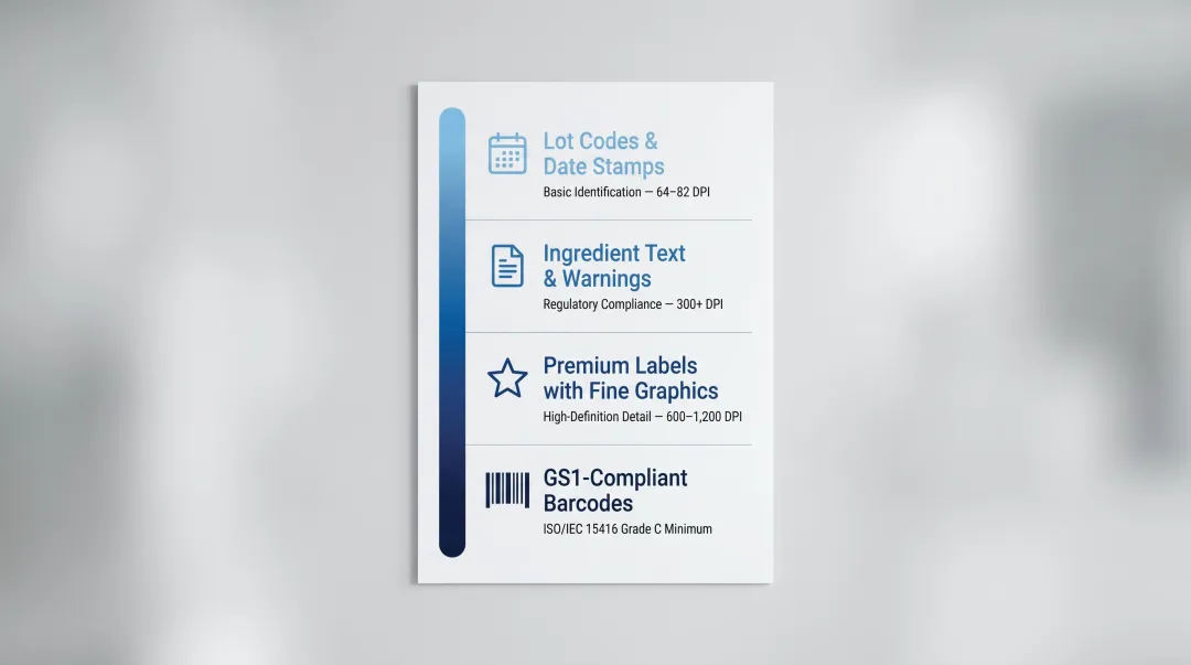 Cosmetic printing resolution benchmarks from lot codes to premium label graphics