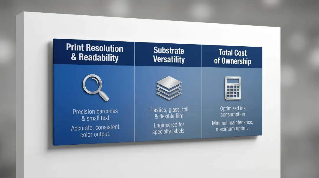 Three-criteria cosmetic printer evaluation framework covering resolution substrates and cost